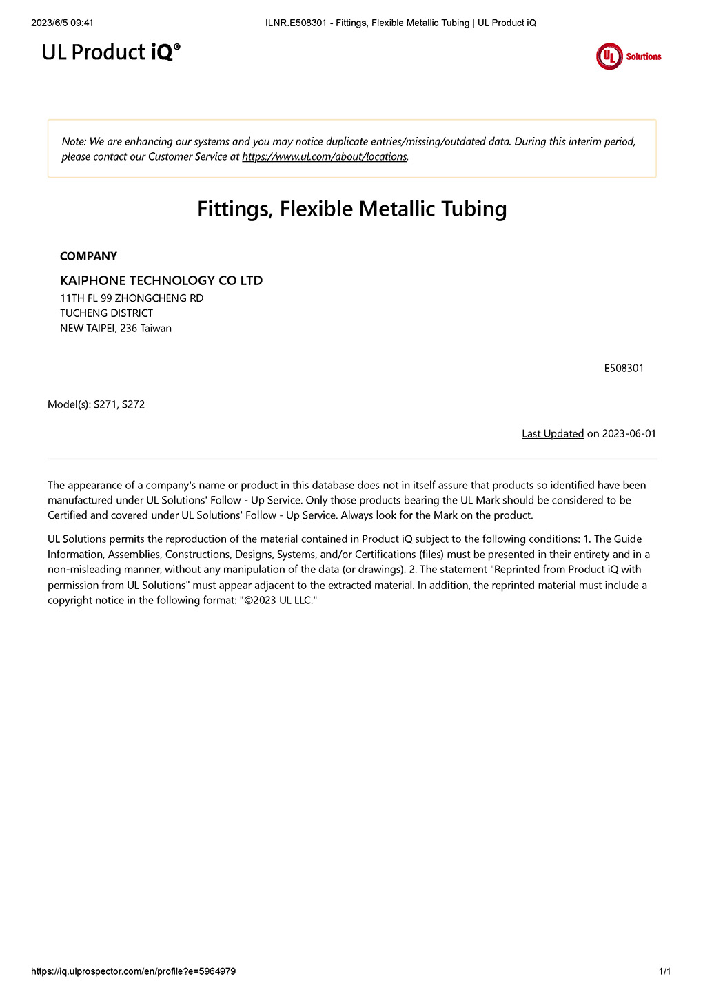 ILNR.E508301 - Fittings, Flexible Metallic Tubing _ UL Product iQ